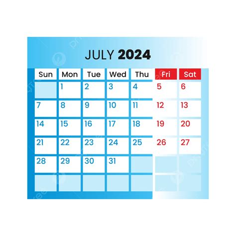 Calendário Mensal Julho 2024 Vetor Png Julho De 2024 Julho