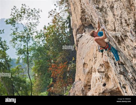 Male Climber Climbing At White Mountain A Limestone Cliff In Yangshuo