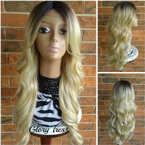 Long Body Wave Lace Front Wig Dark Rooted Ombre Platinum Blonde Wig
