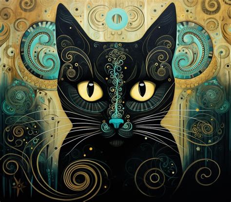 Premium Ai Image Painting Of A Black Cat With Yellow Eyes And Swirly