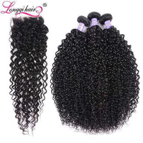 Longqi Hair Malaysian Kinky Curly Bundles With Closure Free Part Remy Human Hair Weave Bundles