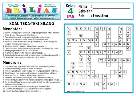 Soal Teka-Teki Silang (TTS) IPA Kelas 4 SD Bab 5 Ekosistem | Bimbel Brilian