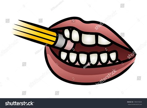 Illustration Cartoon Mouth Biting Pencil Concentration Stock