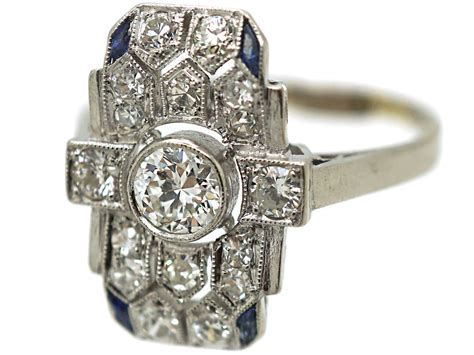 Art Deco Platinum Diamond And Sapphire Rectangular Geometric Ring 762n