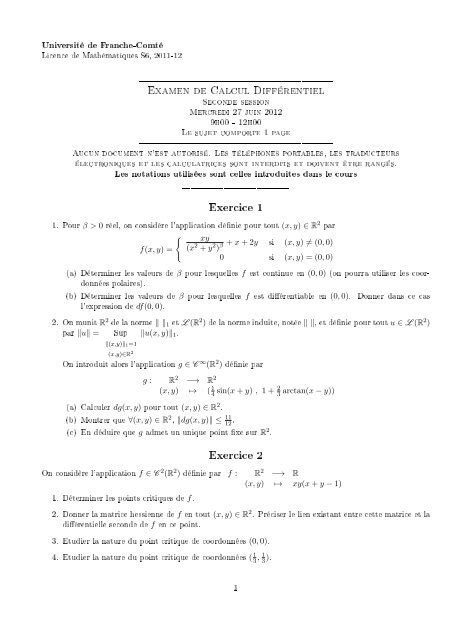 Examen De Calcul Différentiel Université De Franche Comté