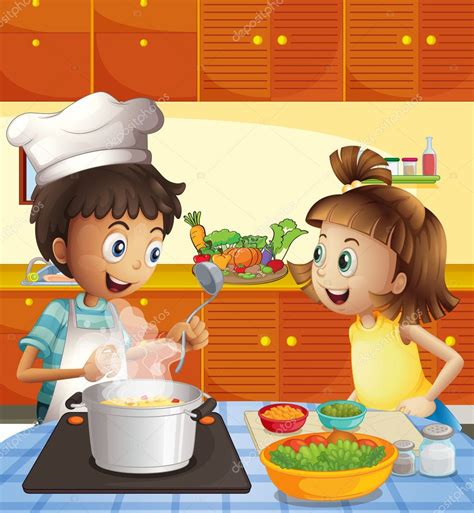 Niños Cocinando En La Cocina Vector Gráfico Vectorial © Interactimages