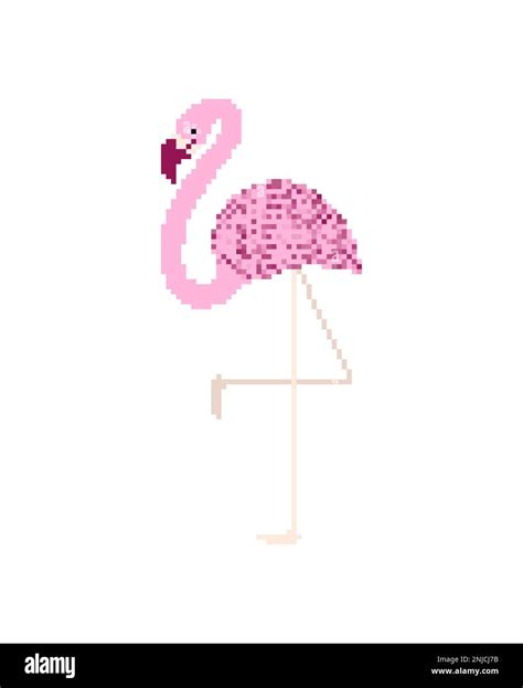 Pink Flamingo Pixel Art Isolated 8 Bit Water Bird With Pale Pink