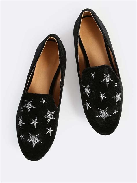 Faux Suede Star Embroidered Loafer Style Flats Black Sheinsheinside