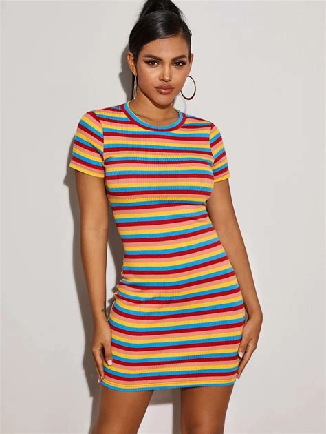 ribbed striped mini bodycon dress shein usa in 2020 bodycon dress ribbed knit bodycon dress