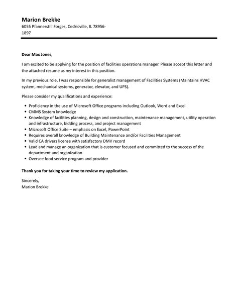 Facilities Operations Manager Cover Letter Velvet Jobs