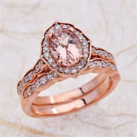 8x6mm Oval Cut Morganite Halo Scalloped Engagement Ring With Wedding