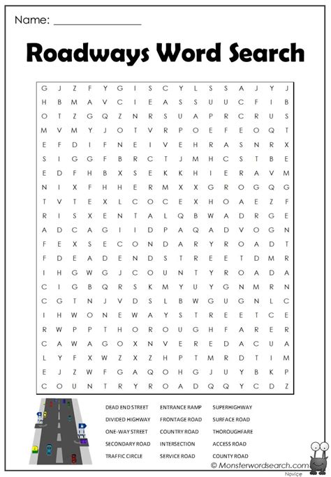 Roadways Word Search Monster Word Search