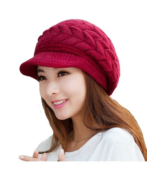Women Winter Warm Knit Hat Wool Snow Ski Caps With Visor Hats Deep Red