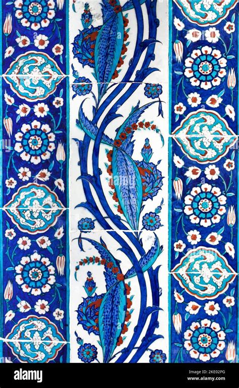 Ancient Turkish Handmade Tiles With Blue Flower Patterns Stock Photo