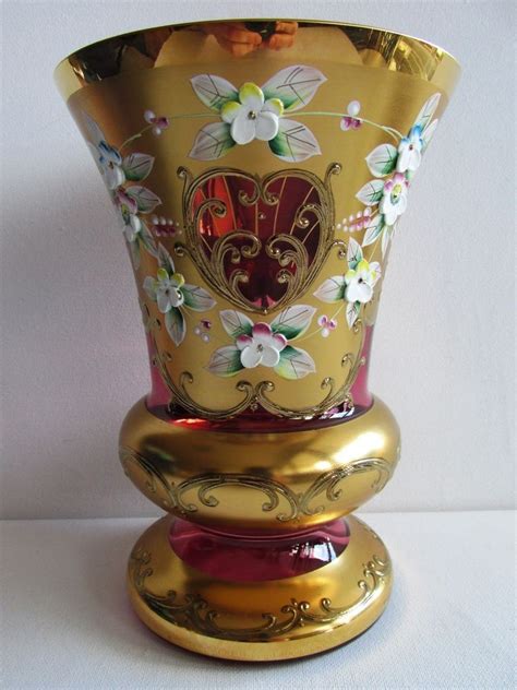 7 9 Vintage Bohemian Pink Glass Vase Pedestal Hand Painted Enamel Gold Pink Glass Vase