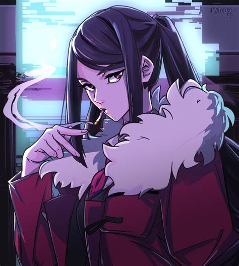 safebooru 1girl bangs cigarette coat commentary cyberpunk english commentary fur collar
