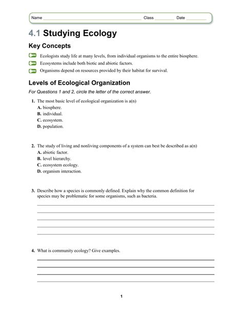 Levels Of Ecological Organization Worksheet