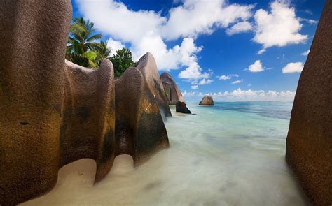 Landscape Nature Beach Rock Clouds Sea Sand Palm Trees Seychelles