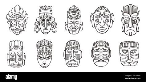 Set Of Hand Drawn Maya Faces Symbols Isolated On White Background Stock
