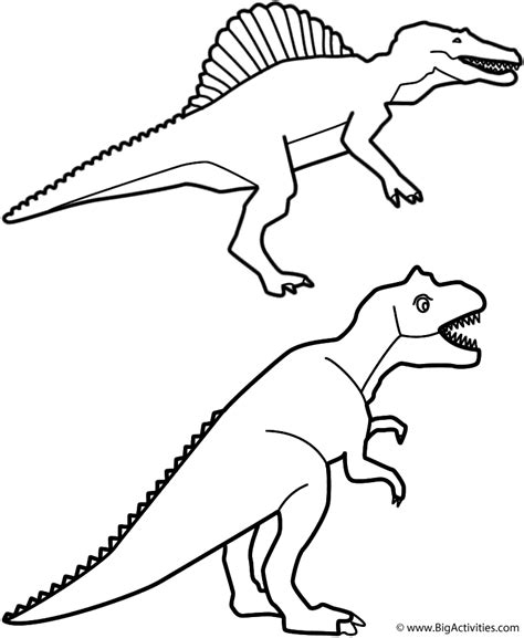 Coloring pages are fun for children of all ages and are a great educational tool that helps children develop fine motor skills, creativity and color recognition! Spinosaurus and T-Rex - Coloring Page (Birthday)