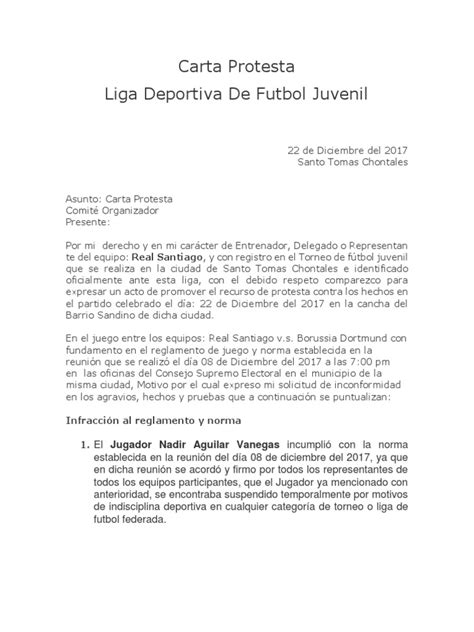 Carta Protesta Futbol Asociación De Futbol Deportes