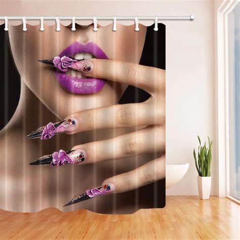 Makeup Shower Curtains Sexy Woman With Purple Lips And Nail Polyester