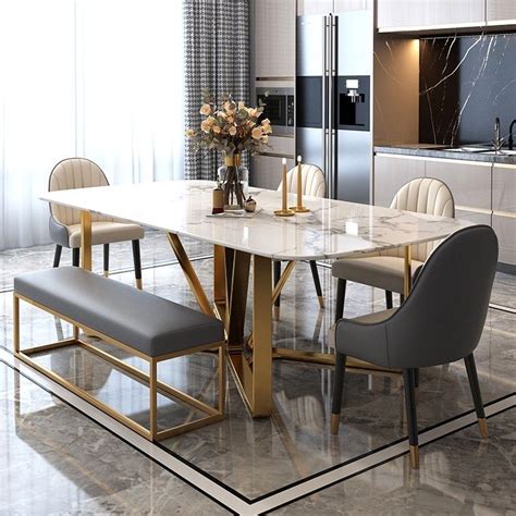 Marby Modern Rectangle 63 Faux Marble Dining Table Gold Base Stainless