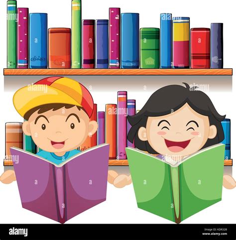 Boy And Girl Reading Book In Library Illustration Stock Vector Art