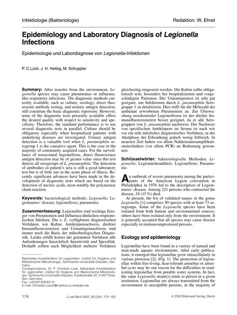 Pdf Epidemiology And Laboratory Diagnosis Of Legionella Infections