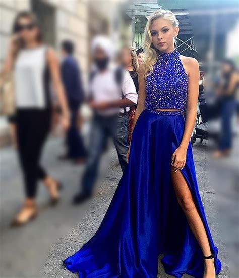 Two Piece Royal Blue Prom Dresslong Prom Dress With Side Slit 2017 Beading Prom Dresseshigh