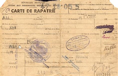 carte de rapatriés prisonniers de guerre déportés réfugiés 1945 prisonniers de guerre