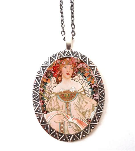 Alphonse Mucha Necklace Pendant Silver Tone Art Nouveau Boho Etsy