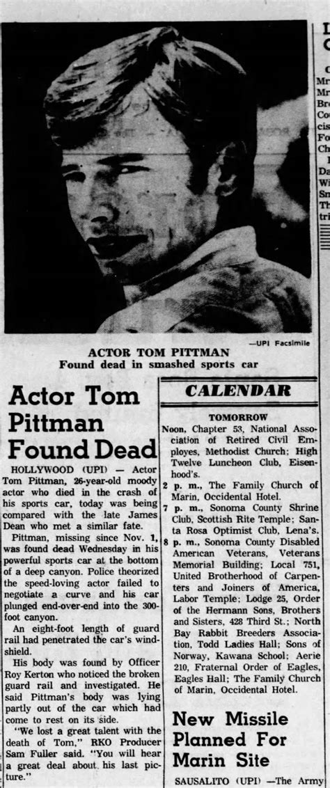 Actor Tom Pittman Found Deadnthe Press Democratn20 Nov 1958