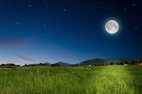 Night Landscape With Bright Full Moon Over Field Stock