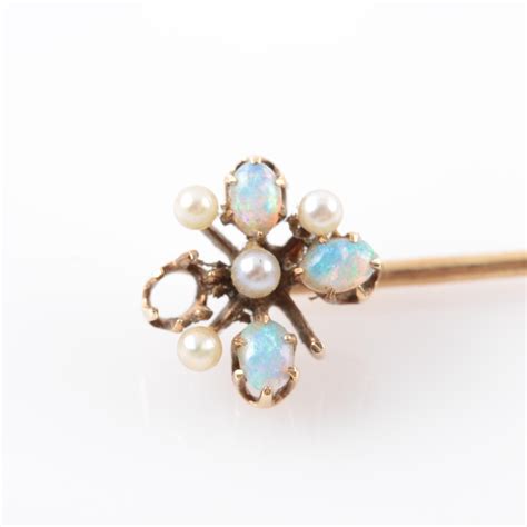 Four 14k Yellow Gold Stick Pins With Pearls Enamel And Opals Ebth