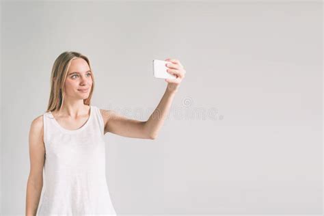 Girl White Shirt Studio Shot Women Takes Selfie Stock Photos Free Royalty Free Stock Photos
