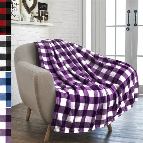 Pavilia Buffalo Check Fleece Throw Blanket Purple White Checkered