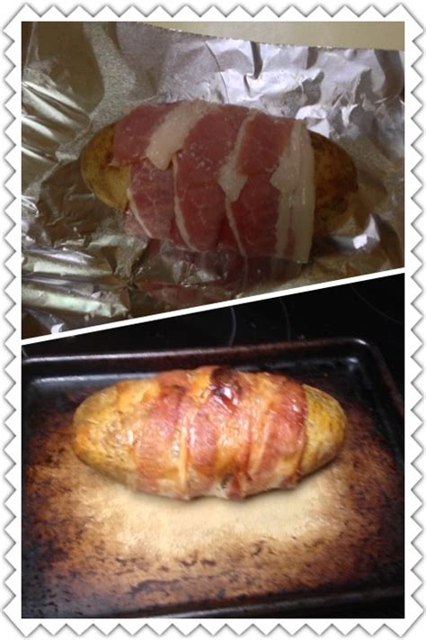 This way allows no moisture to escape the potato and the inside is. Bacon wrapped baked potato! Wrap potato with bacon and bake at 425 for an hour to an hour and a ...
