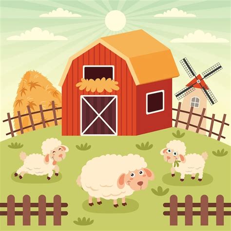 Bauernhof Szene Mit Comic Tiere Premium Vektor