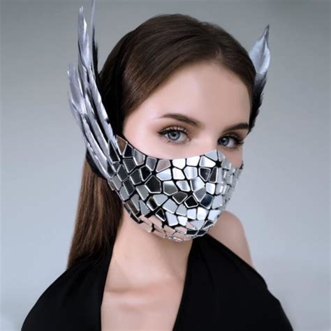 Silver Mirror Face Mask With Real Feathers By Etereshop M112