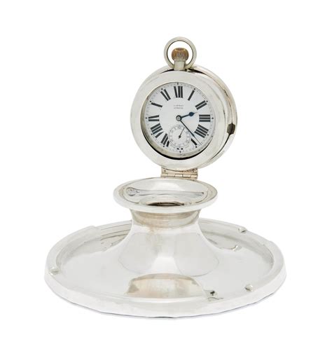 A Large Silver Combination Capstan Inkwell And Time Piece