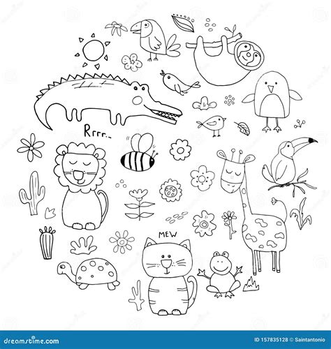 Animal Doodles Set Cute Animals Sketch Hand Drawn Cartoon Vector