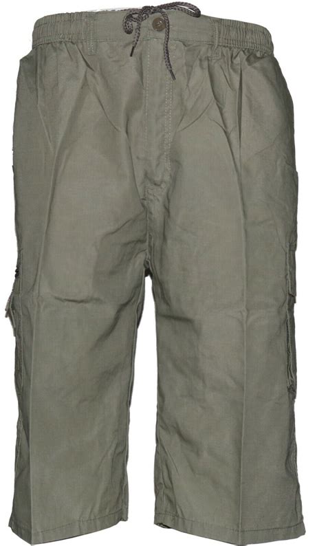 New Mens Plain 34 Long Summer Shorts Elasticated Waist Cargo 34 Pant