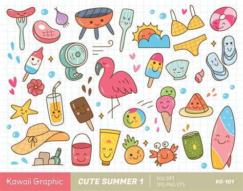 Cute Summer Clipart Kawaii Clipart Cute Vector Doodle Clipart Cute