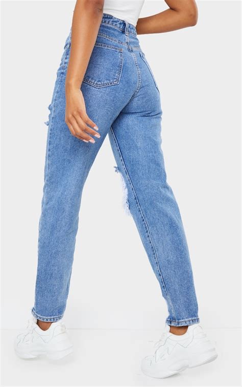 Plt Mid Blue Wash Open Knee Ripped Mom Prettylittlething Usa
