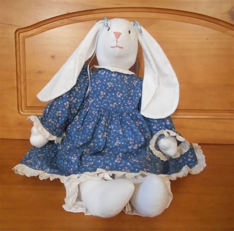 Vintage Fabric Bunny Doll Handmade Stuffed Rabbit In Blue Dress