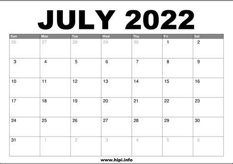 July 2022 Calendar Printable Free