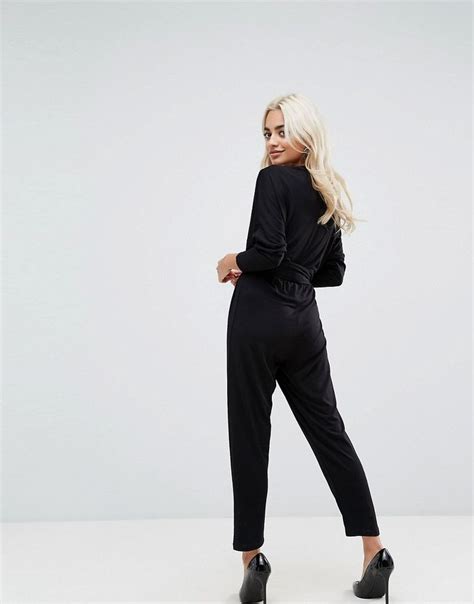 Asos Petite Jersey Jumpsuit With Batwing Sleeve And Belt Black