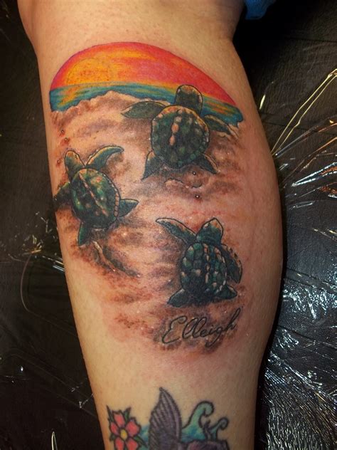 Sea Turtle Tattoo On The Leg With A Sunset Sea Turtle Tattoo Water