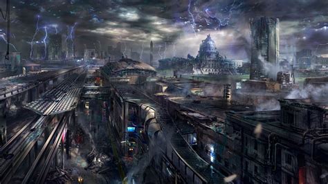 Futuristic Smoke Destruction Buildings Science Fiction Lightning